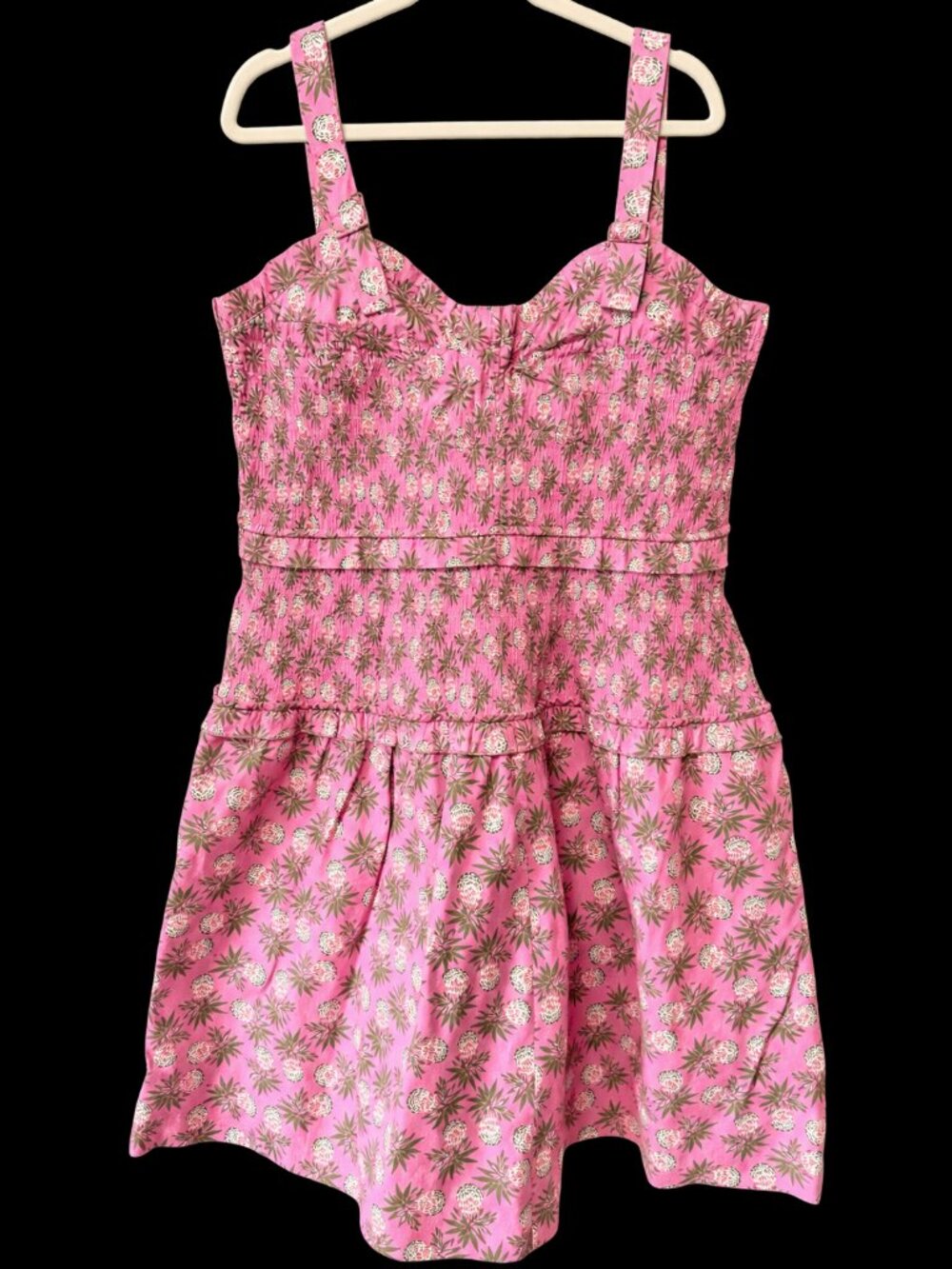 NWT Free Assembly Pink Pineapple Sweetheart Smocked Mini Dress L 12-14